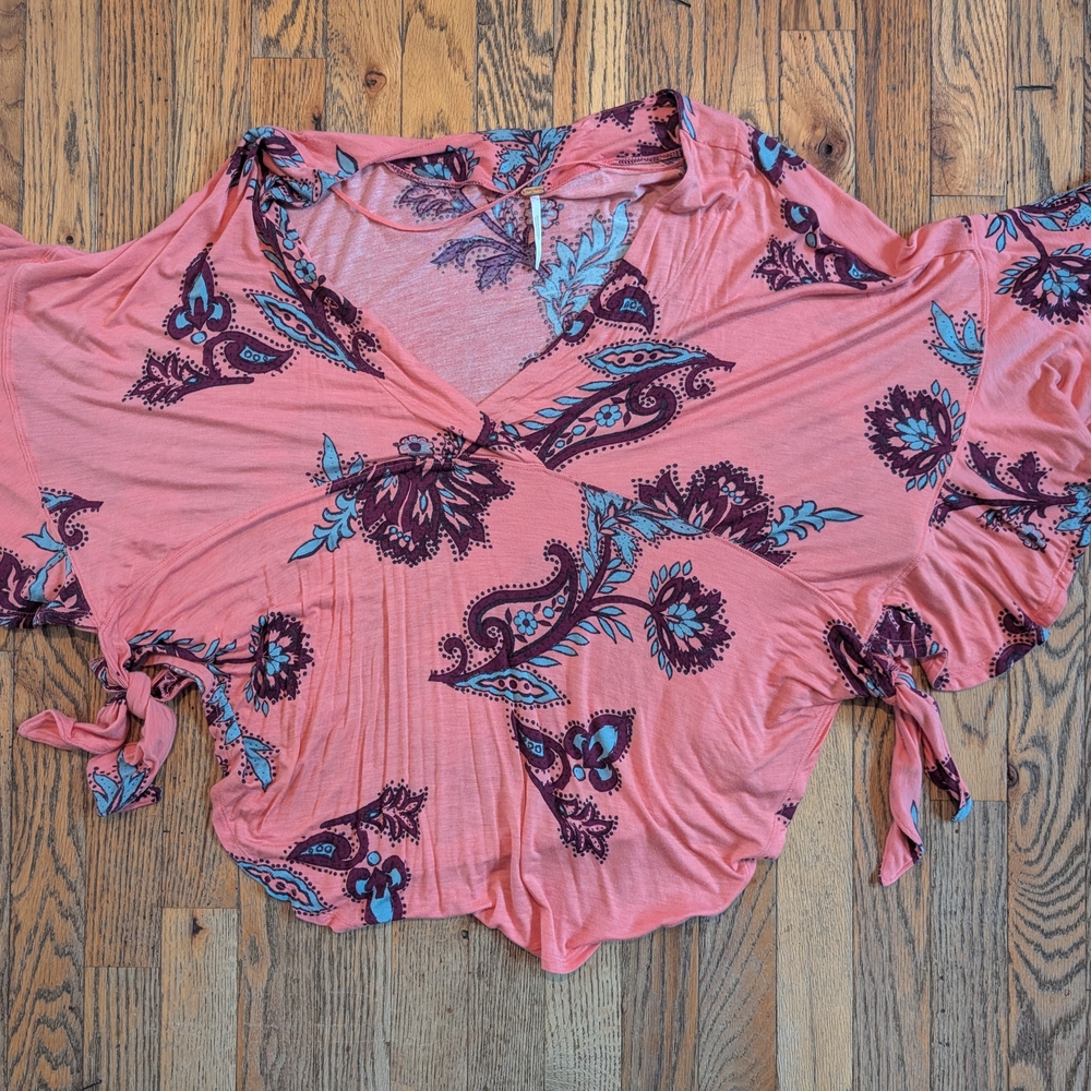 Free People Coral and Blue Floral Blouse